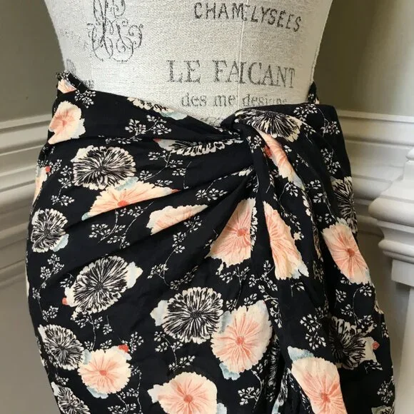 Ulla Johnson Paz Cover Up Sarong Skirt Womens OS Black Pink Floral Print Cotton - Picture 7 of 11